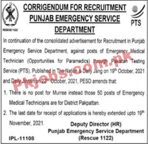 1122 Service PK Jobs 2021 | 1122 Emergency Rescue Service Department Announced Management & Technical PK Jobs 2021
