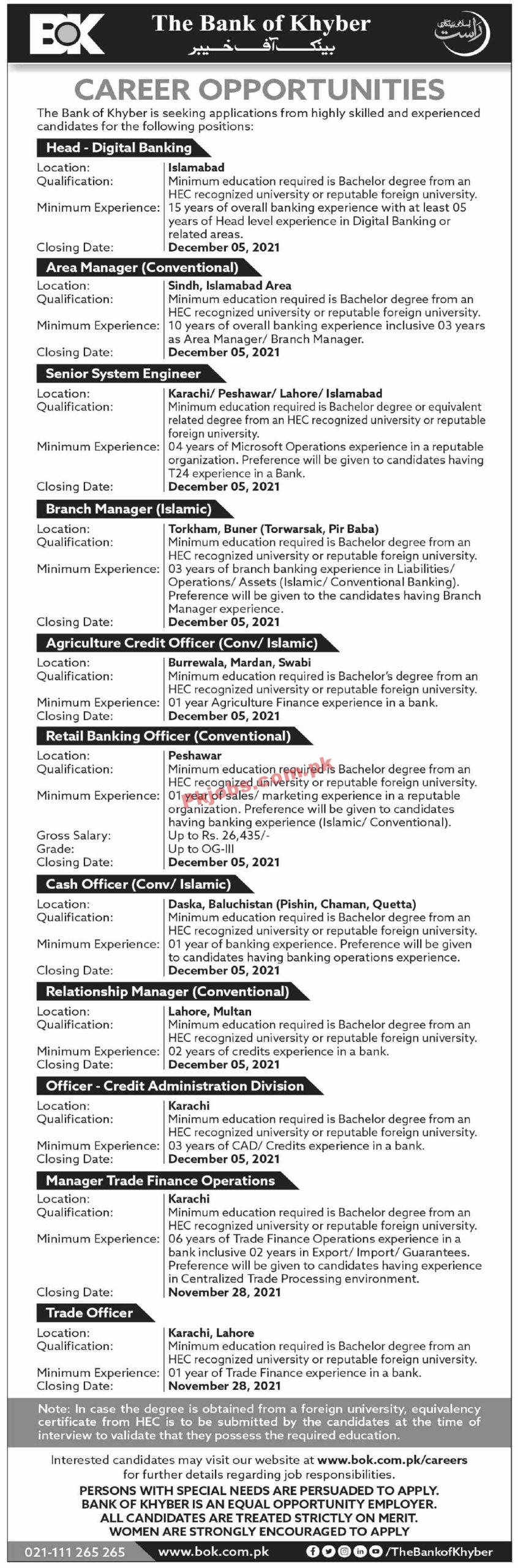 BOK PK Jobs 2021 | The Bank of Khyber Headquarters Announced Latest Management PK Jobs 2021