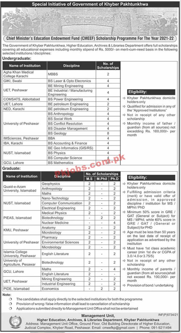CM Office PK Jobs 2021 | Chief Minister’s Education Endowment Fund Announced Scholarships 2021