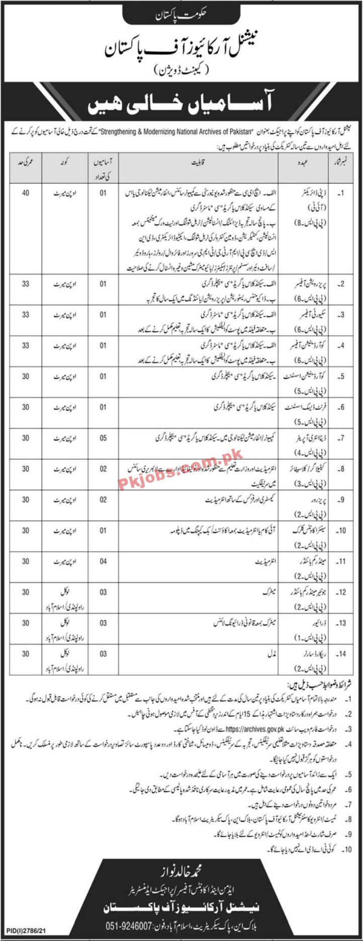 Cabinet Division PK Jobs 2021 | National Archives of Pakistan Cabinet Division Management PK Jobs 2021