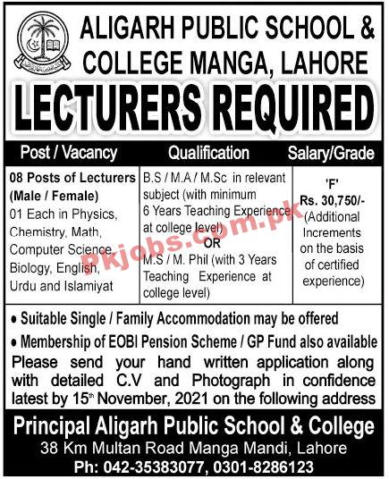 Jobs in Aligarh Public School & College Manga Lahore