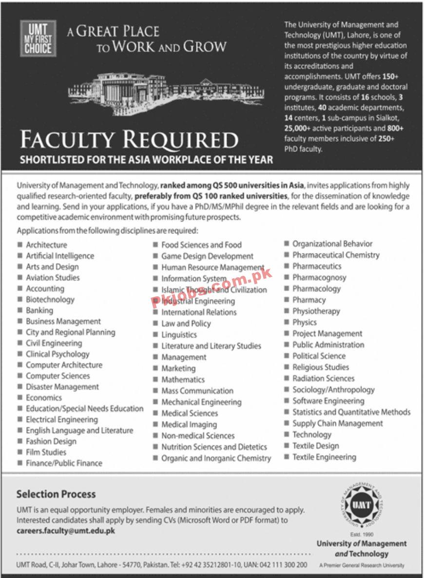 Jobs in The University of Management and Technology UMT Lahore