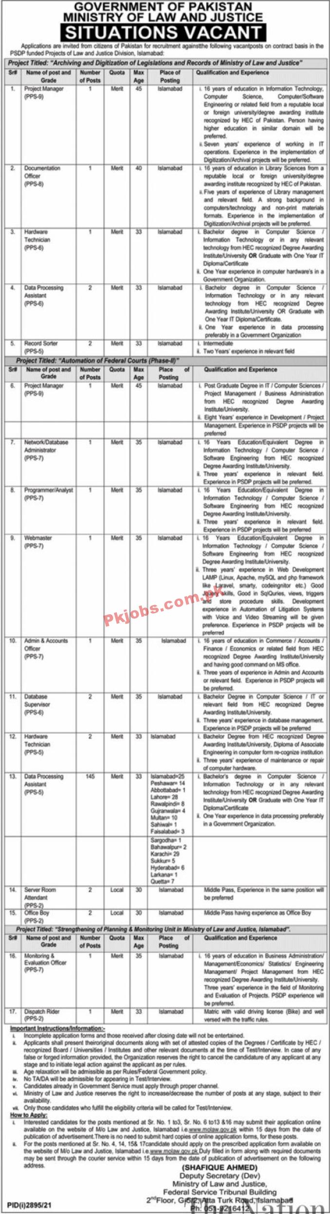 Ministry of Law & Justice Head Office Announced Latest Management PK Jobs 2021