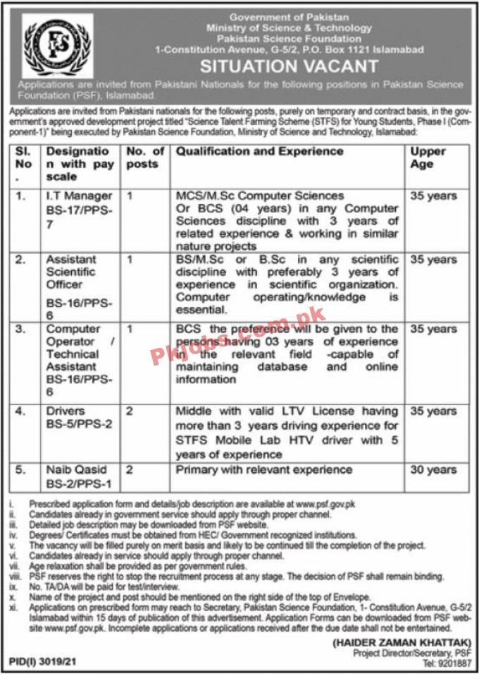 Ministry of Science & Technology Pakistan Science Foundation Announced Management PK Jobs 2021