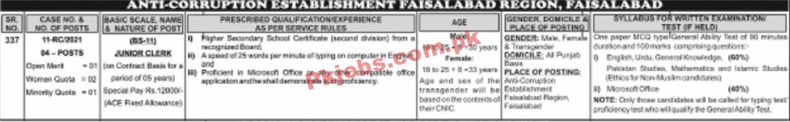 Anti Corruption Establishment Department Announced Latest Management PK Jobs 2021