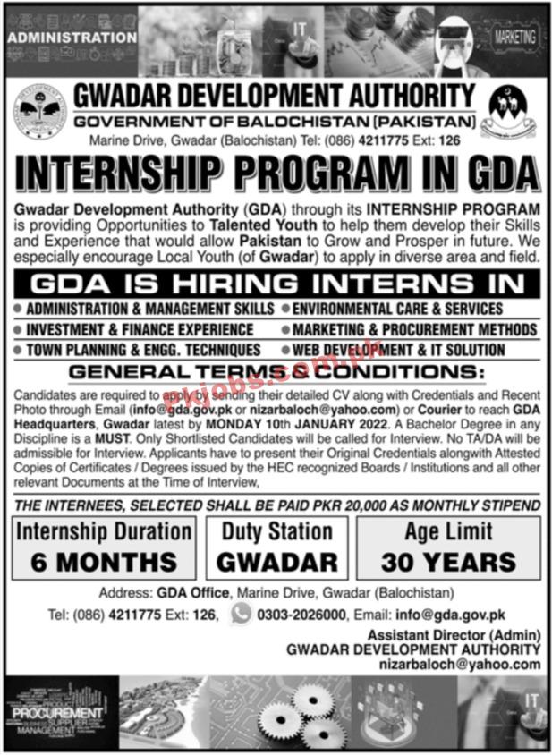 GDA PK Jobs 2021 | Gwadar Development Authority GDA Head Office Announced Management & Technical Internship PK Jobs 2021