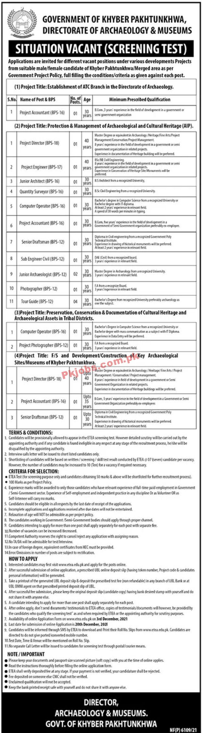 Jobs in Government of Khyber Pakhtunkhwa Directorate of Archaeology & Museums