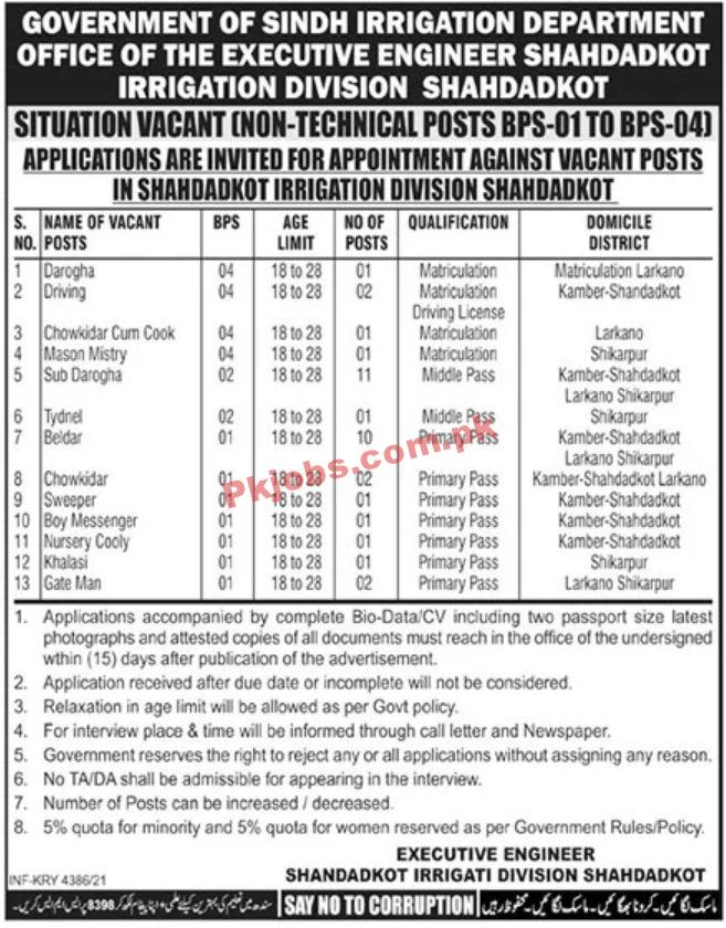 Jobs in Government of Sindh Irrigation Department