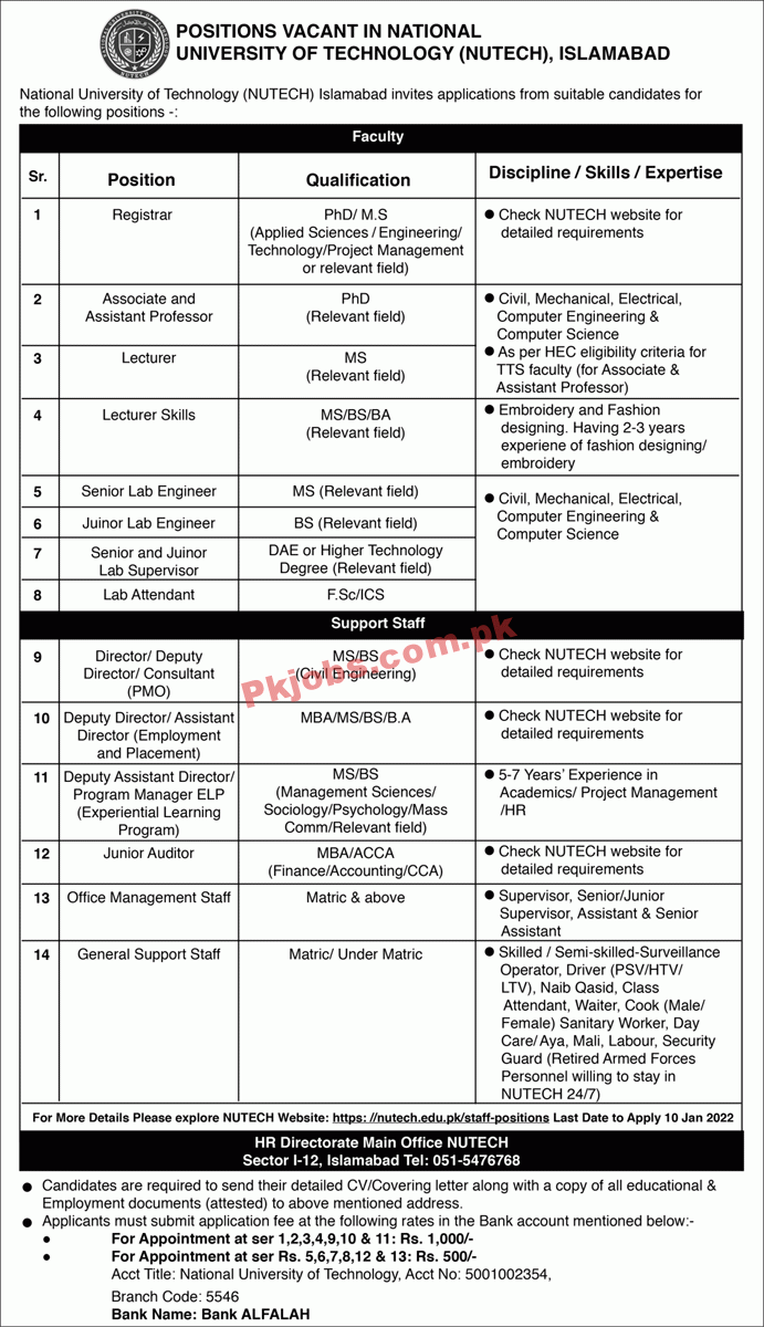 Jobs in NUTECH University of Technology Islamabad