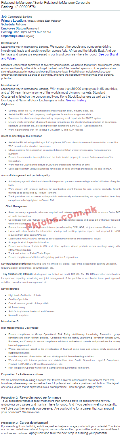 Standard Chartered PK Jobs 2021 | Standard Chartered Bank Head Office Announced Management PK Jobs 2021