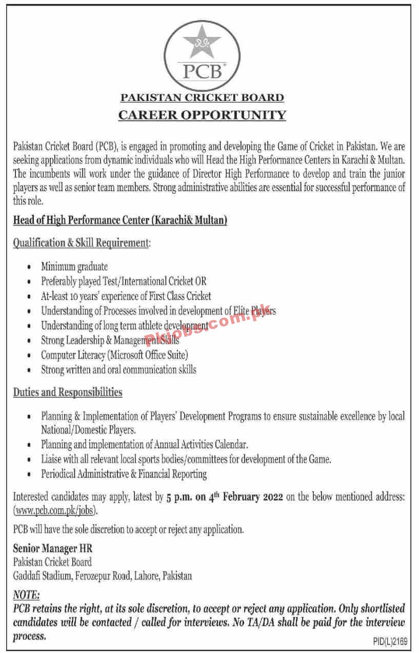 Jobs in Pakistan Cricket Board PCB