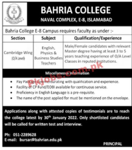 Jobs in Bahria College Islamabad