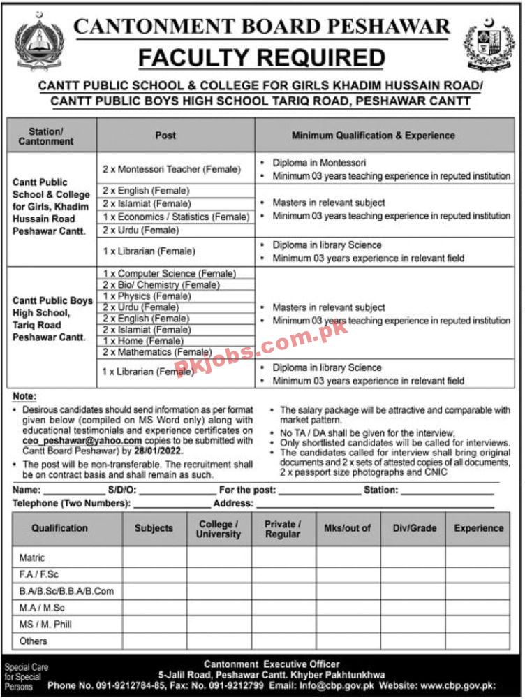 Jobs in Cantonment Board Peshawar