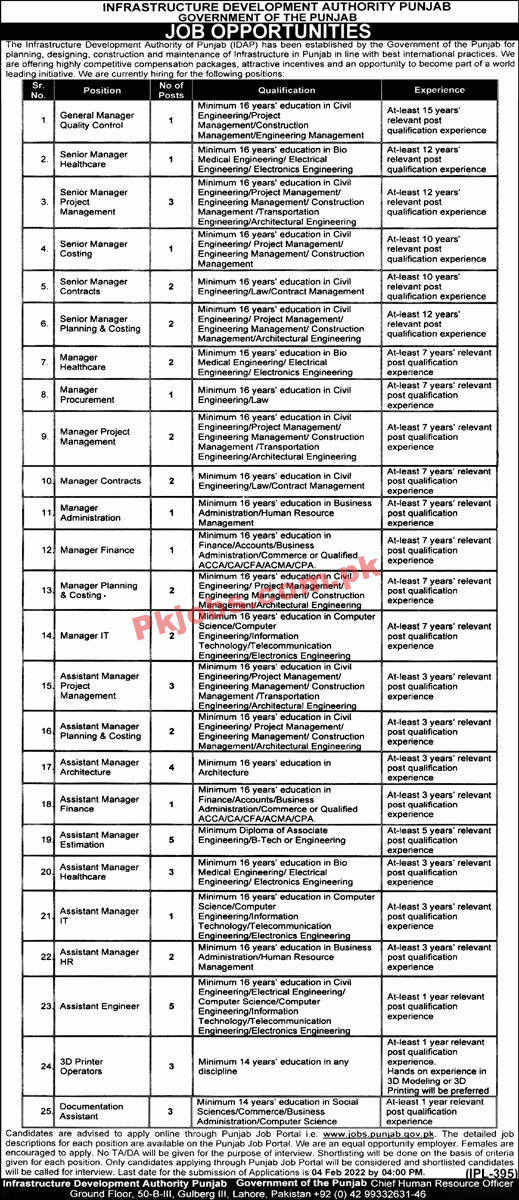 Jobs in Infrastructure Development Authority Punjab