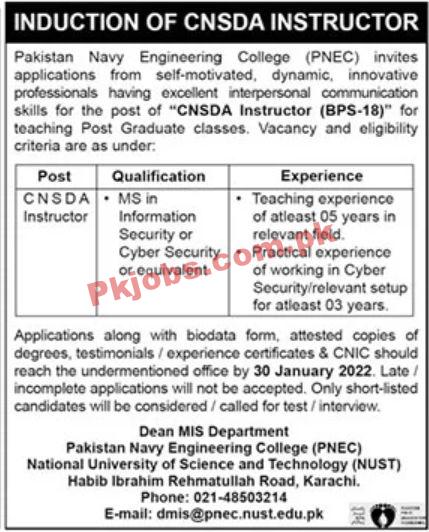 Jobs in Pakistan Navy Engineering College PNEC