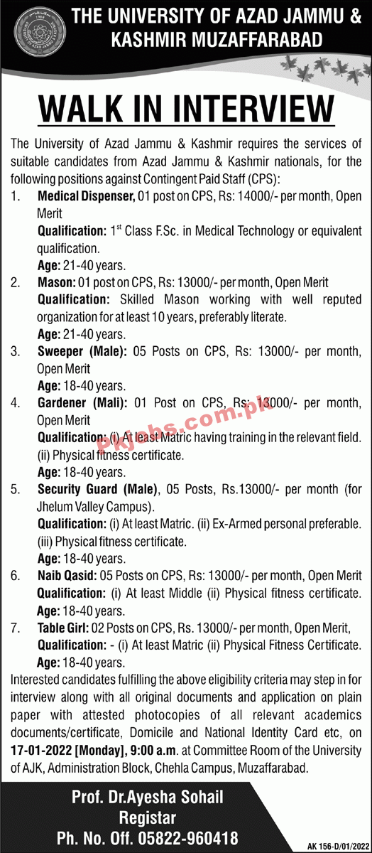 Jobs in The University of Azad Jammu & Kashmir Muzaffarabad