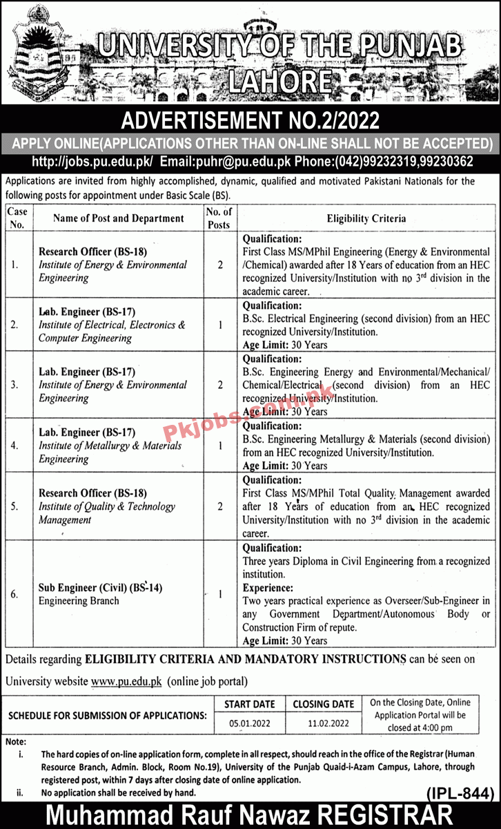 Jobs in University of the Punjab Lahore