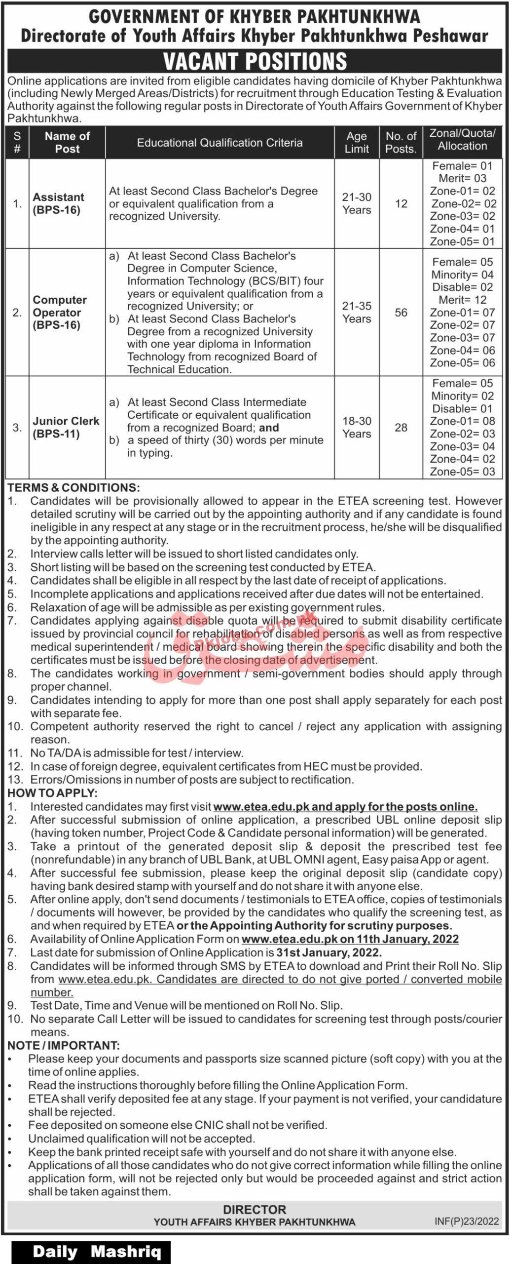 Youth Affairs Jobs 2022 | Directorate of Youth Affairs Head Office Announced Management Jobs 2022