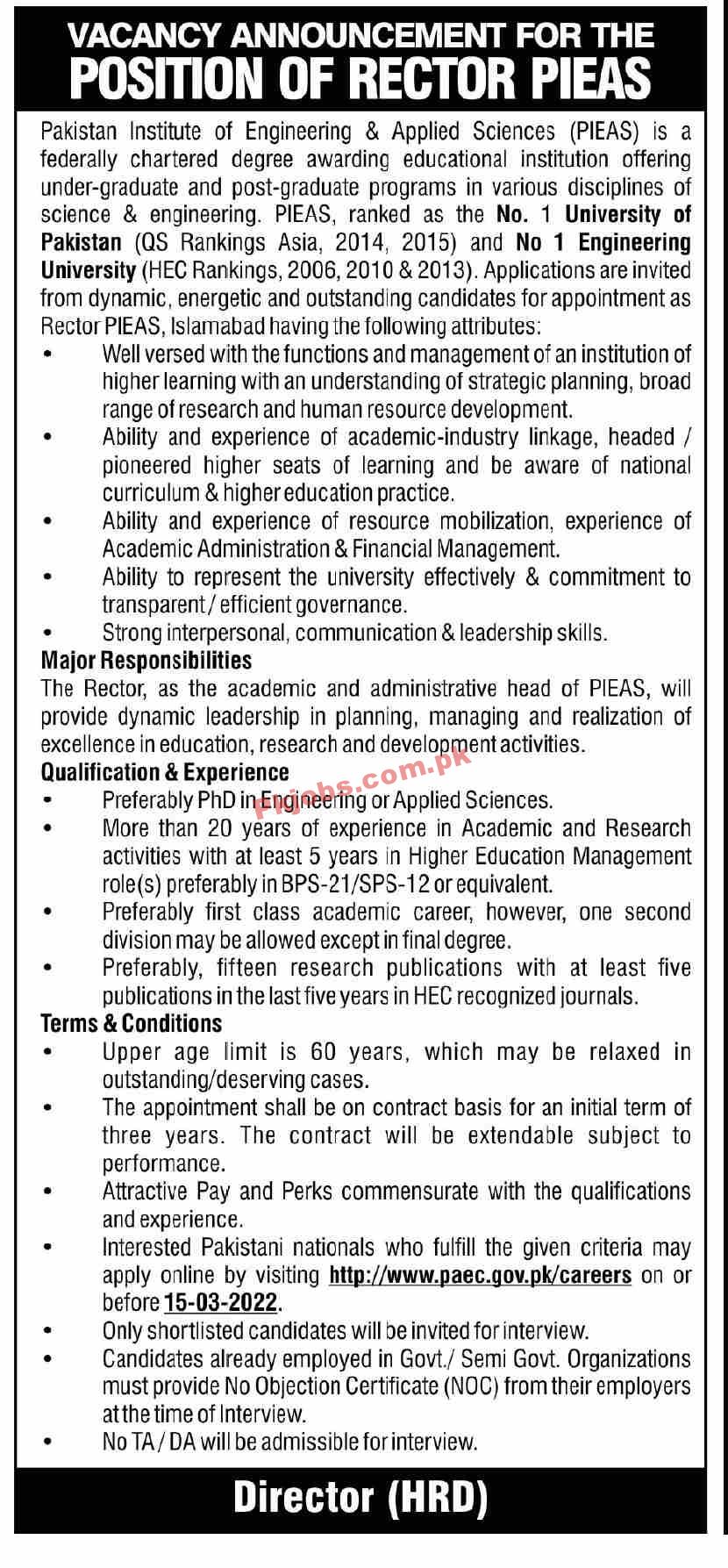 Jobs in Pakistan Institute of Engineering & Applied Sciences PIEAS