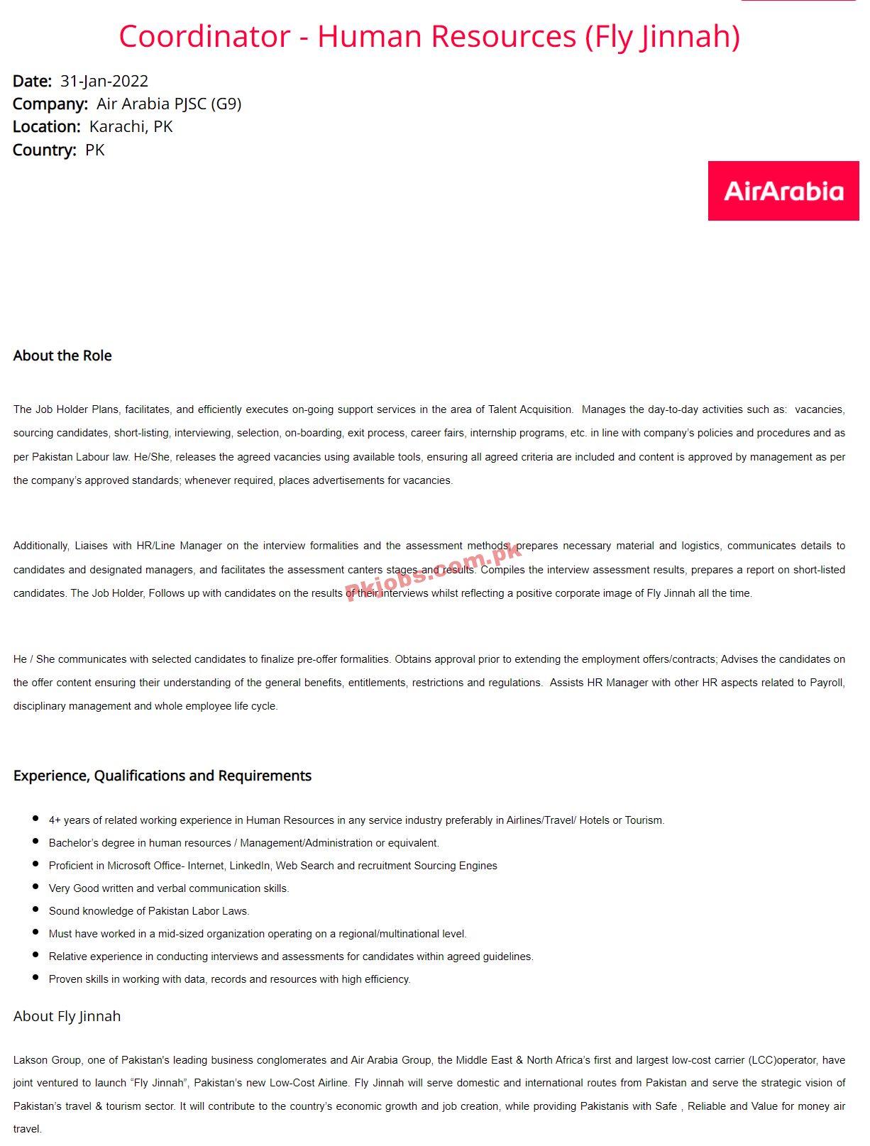 Air Arabia Jobs 2022 | Air Arabia Pakistan Regional Office Announced Latest Management Jobs 2022