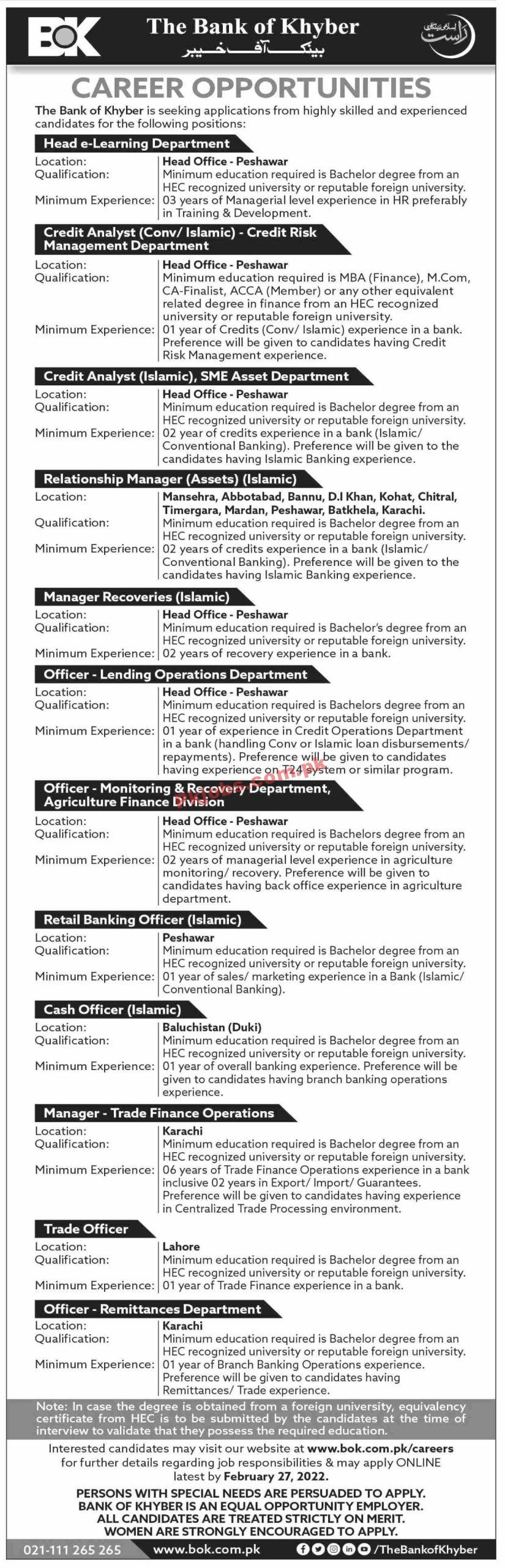 BoK Jobs 2022 | The Bank of Khyber Headquarters Announced Latest Advertisement Jobs 2022