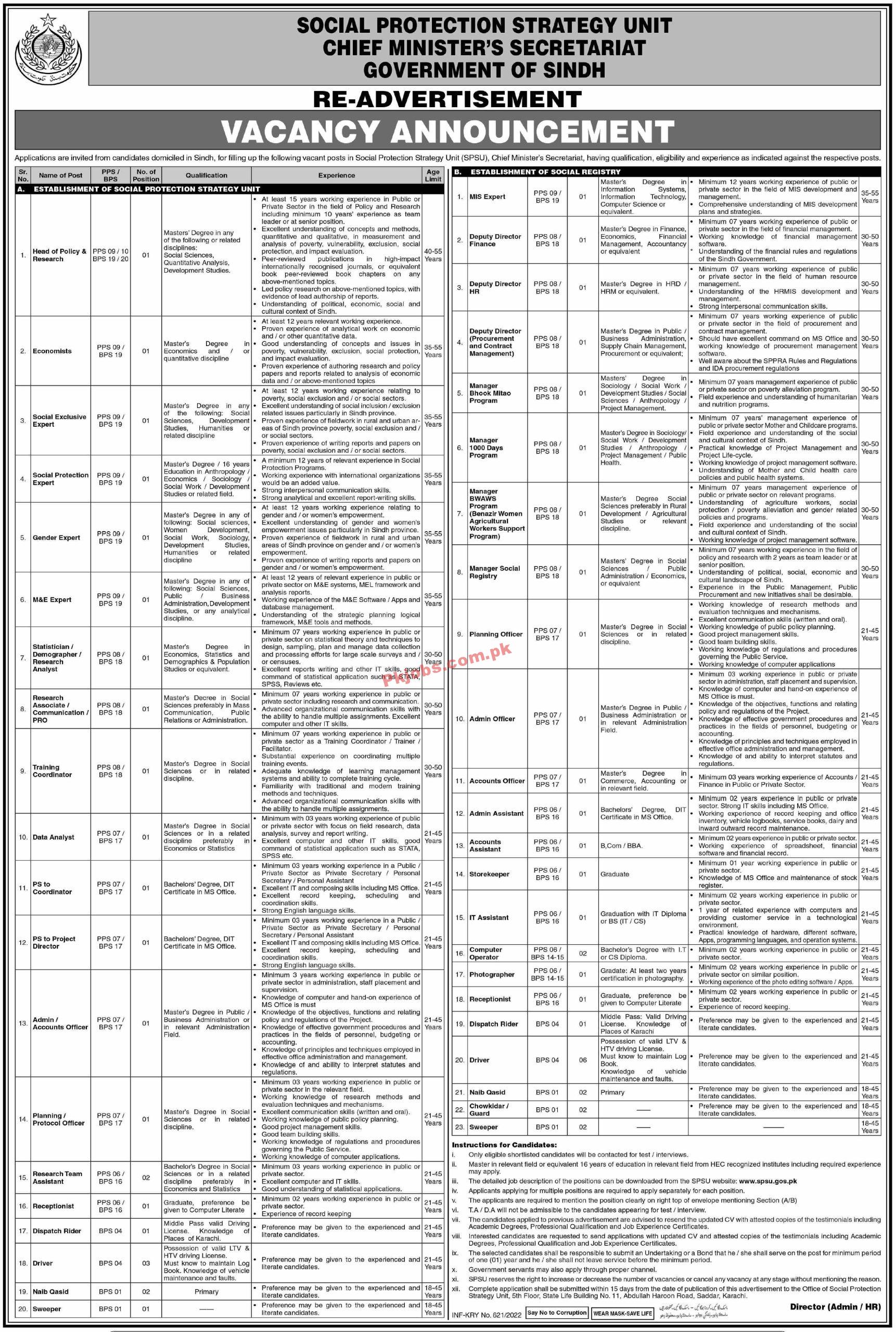 CM Secretariat Jobs 2022 | Chief Minister Secretariat Social Protection Strategy Unit Head Office Management Jobs 2022