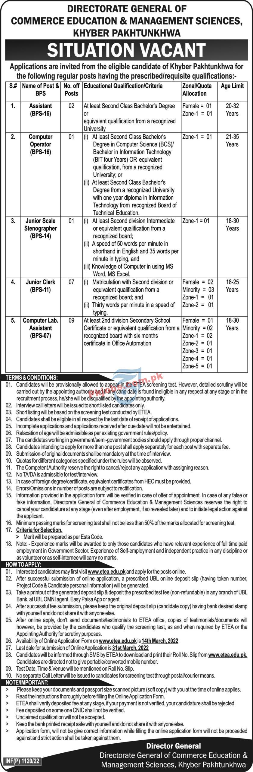 ETEA Jobs 2022 | Directorate General of Commerce Education & Management Sciences Head Office Latest Jobs 2022