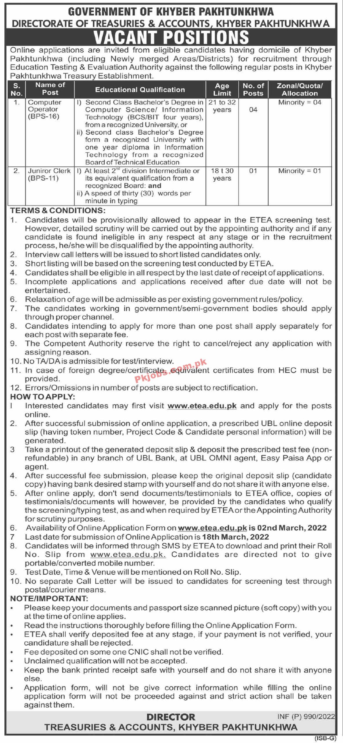 ETEA Jobs 2022 | Directorate of Treasuries & Accounts ETEA Headquarters Announced Management Jobs 2022