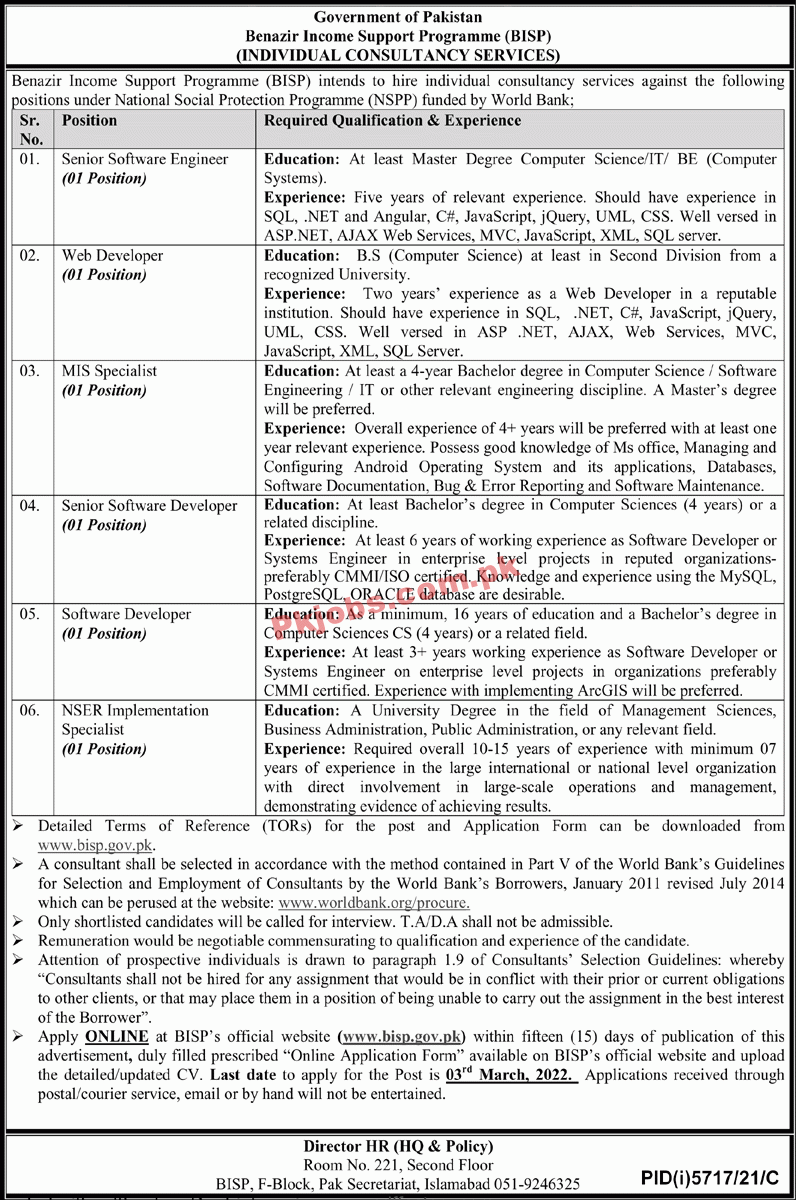 Jobs in Benazir Income Support Programme BISP
