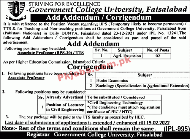 Jobs in Government College University Faisalabad