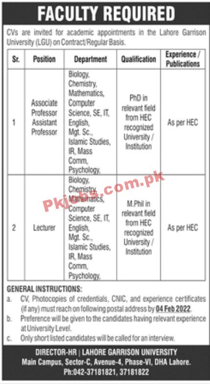 Jobs in Lahore Garrison University