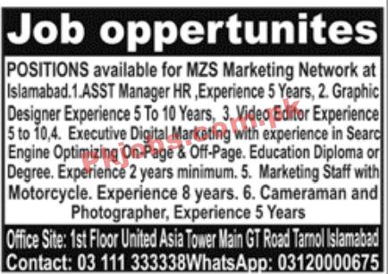 Jobs in MZS Marketing Network Islamabad