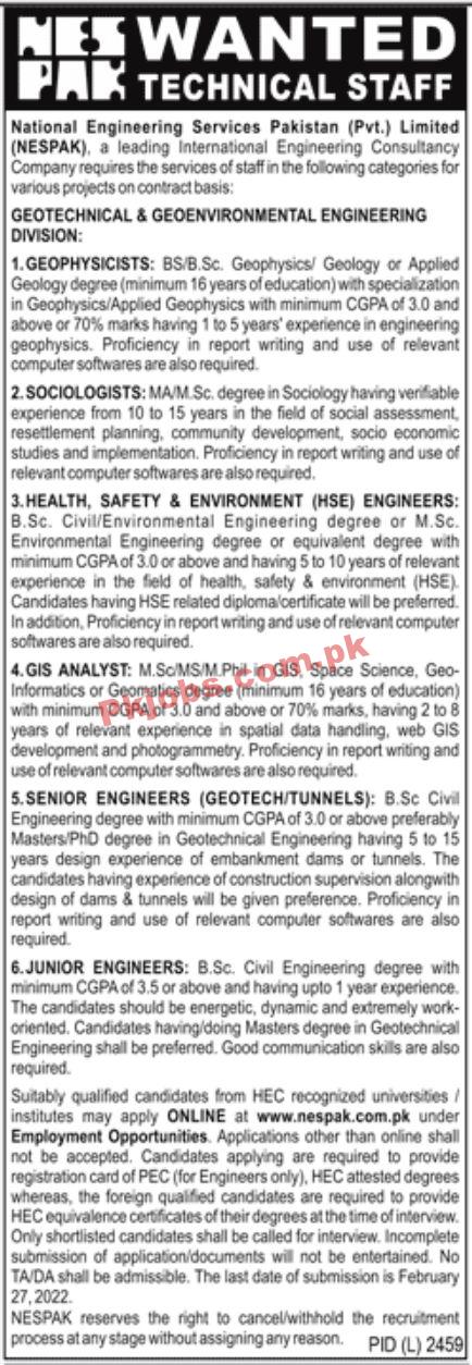 Jobs in National Engineering Services Pakistan Pvt Limited NESPAK