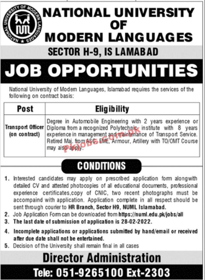 Jobs in National University of Modern Languages NUML