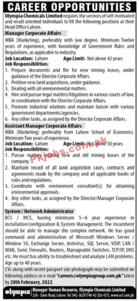 Jobs in Olympia Chemicals Limited Lahore