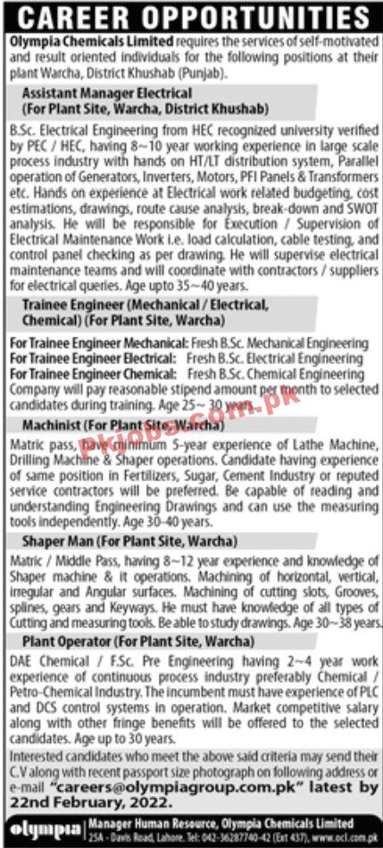 Jobs in Olympia Chemicals Limited