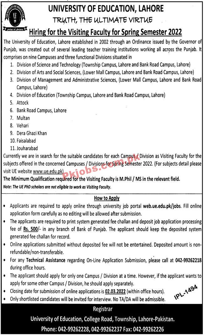 Jobs in University of Education Lahore