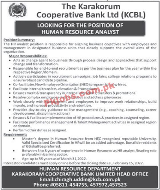 KCBL Jobs 2022 | The Karakorum Cooperative Bank Limited KCBL Head Office Announced Management Jobs 2022