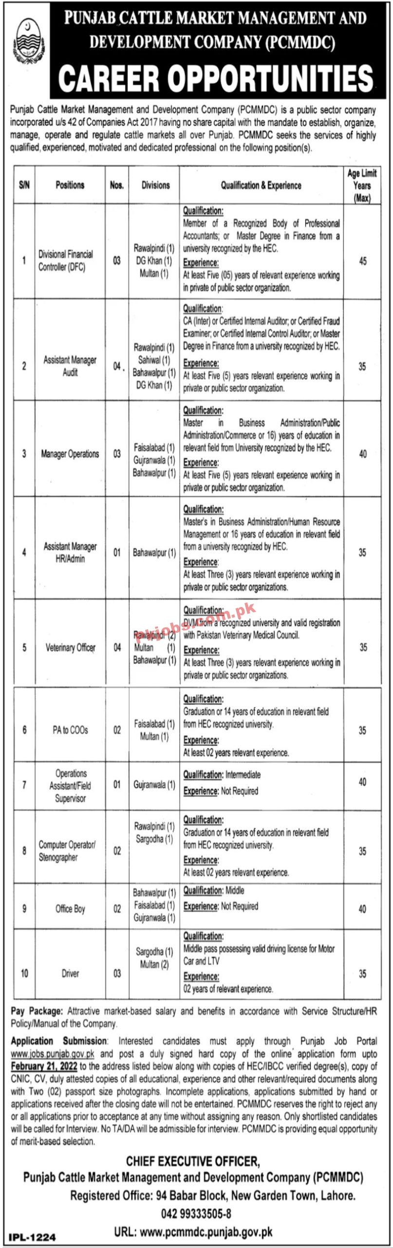 PCMMDC Jobs 2022 | PCMMDC Cattle Market Management & Development Company Management Jobs 2022