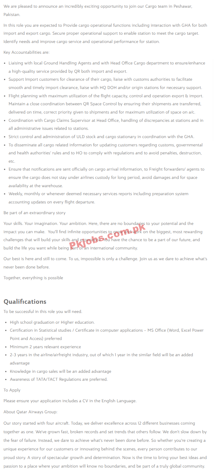 Qatar Airways Pakistan Regional Office Headquarters Announced Management Jobs 2022