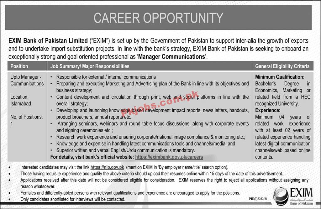 Banking Jobs 2022 | EXIM Bank of Pakistan Limited Headquarters Announced Management Jobs 2022