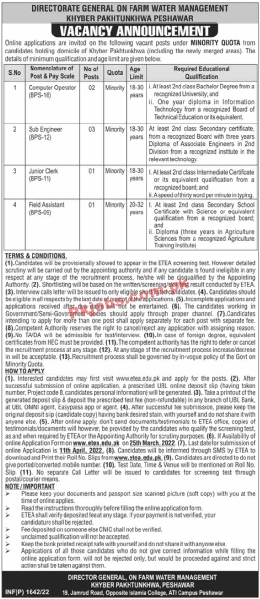 ETEA Jobs 2022 | Farm Water Management Directorate Headquarters Announced Latest Advertisement Jobs 2022