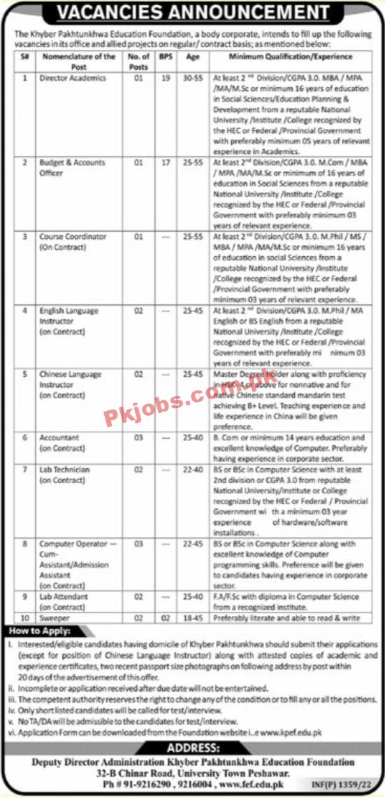 Education Department Jobs 2022 | Provincial Education Foundation Department Head Office Announced Management Jobs 2022