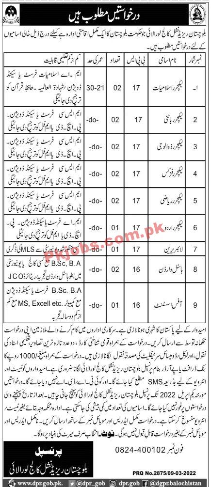 Jobs in Balochistan Residential College