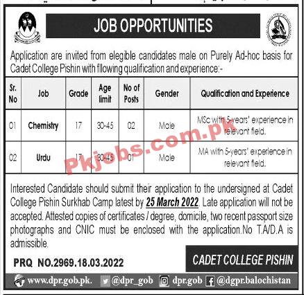 Jobs in Cadet College Pishin