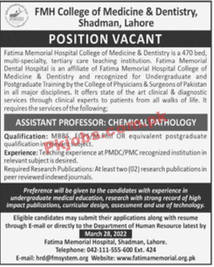 Jobs in FMH College of Medicine & Dentistry Shadman Lahore