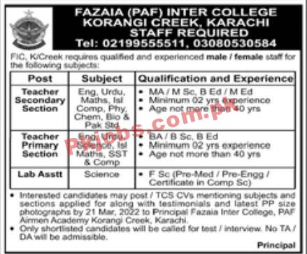 Jobs in Fazaia PAF Inter College