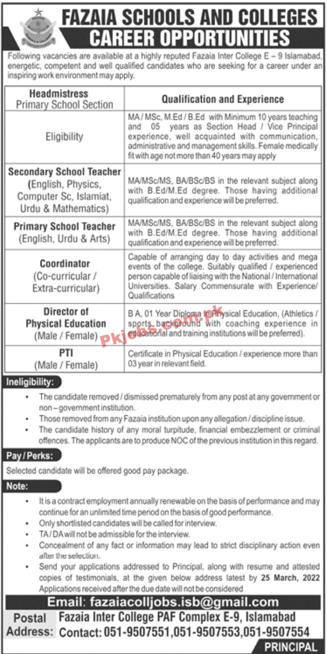 Jobs in Fazaia Schools and Colleges