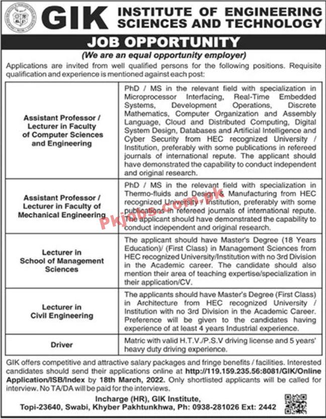 Jobs in GIK Institute of Engineering Sciences and Technology