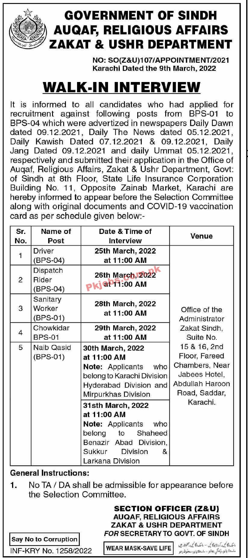 Jobs in Government of Sindh Auqaf Religious Affairs Zakat & Ushr Department